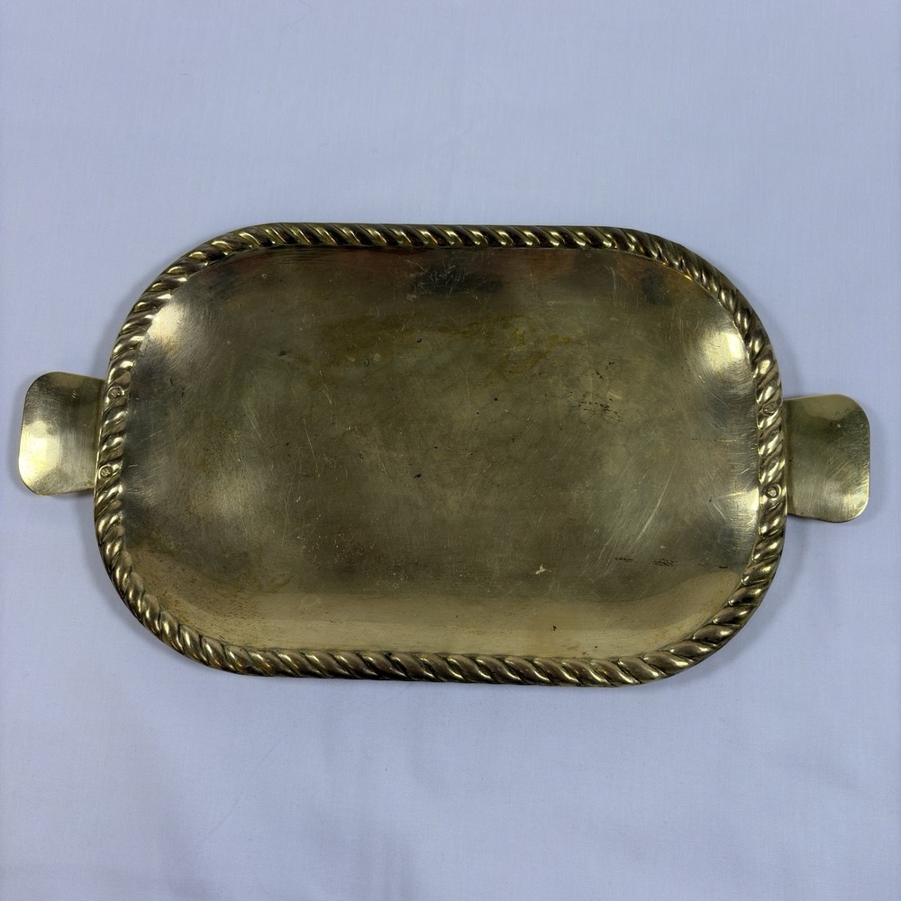 Vintage Brass Serving Tray Rope Twist Edge Tab Handles Patina 12" Decorative